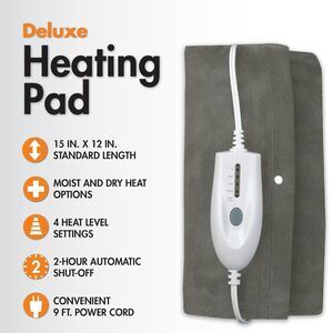 TheraCare Deluxe Heating Pad Moist Dry Heat 4 Settings Auto Shut Off 12x15" Grey
